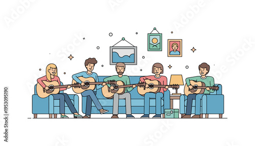 Group of friends practicing acoustic guitars together in a living room, illustrating casual rehearsal, fun, and music collaboration. Minimalist flat vector