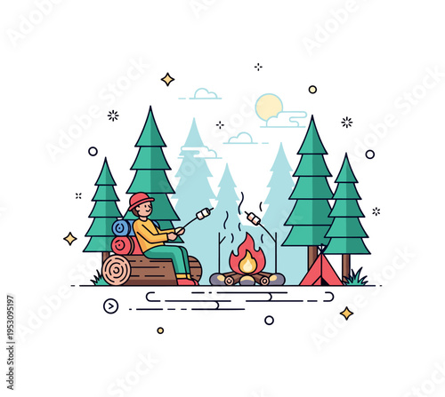 Nighttime campfire with a camper relaxing on a log, roasting a marshmallow, surrounded by tall pine trees and soft moonlight, highlighting serenity and