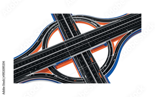 A black and white city overpass interchange viewed from above, bold geometric semicircles intersecting the roads like abstract traffic flows, thin linear grid