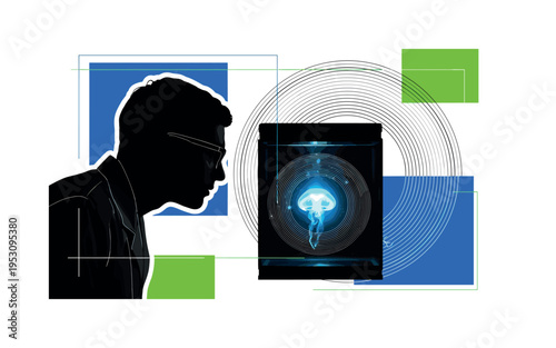 Black and white scientist silhouette observing a glowing bioluminescent jellyfish in a glass tank, abstract concentric circles radiating from the organism,