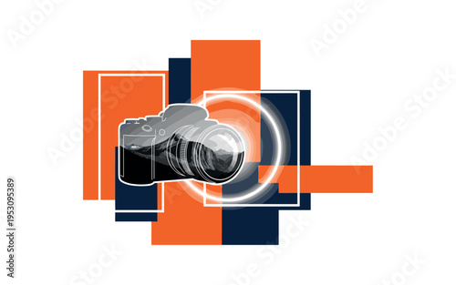Black and white camera silhouette with landscape double exposure inside lens area, oversized circular halo behind symbolizing captured reality, bold orange and