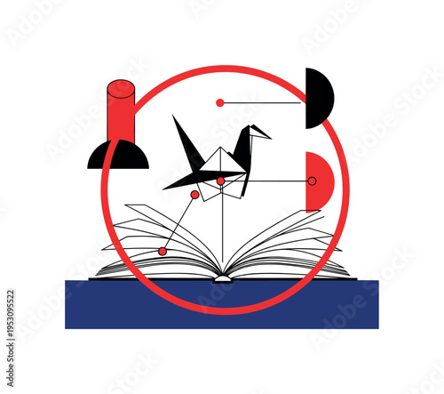 Black and white origami bird rising from an open book, bold red circular frame reinforcing transformation, deep blue rectangular block grounding composition,