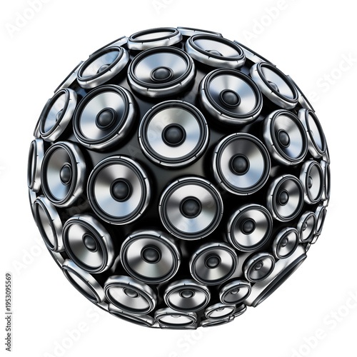 Stack of loudspeakers arranged to form a globe on transparent background. 3D illustration