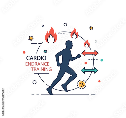 Cardio endurance training concept showing a runner silhouette with subtle flame and repetition arrow icons, expressing calorie burn and sustained effort. The