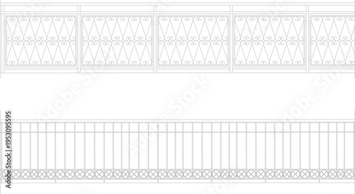 Technical architectural elevation drawing showing two decorative fence designs: diamond pattern with scrollwork and vertical bars with X-pattern band.