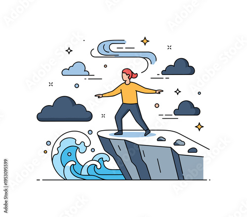 Individual on a stormy cliff with waves crashing and dark clouds swirling, maintaining balance and focus, embodying courage and determination. Minimalist flat