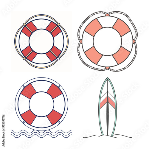 Summer Beach Elements: Lifesavers and Surfboard Illustration Set