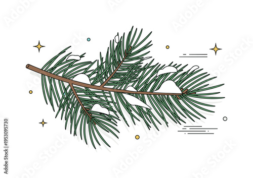 Winter pine foliage concept illustrated through a pine branch with needle clusters lightly dusted with simple snow accents, symbolizing seasonal change and