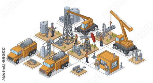 Industrial construction equipment and vehicles isometric illustration.