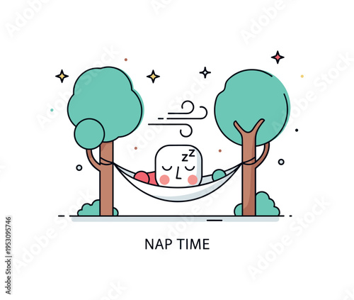 Afternoon nap outdoors illustrated through a simple hammock between two rounded trees with closed-eye facial detail. A small breeze swirl and subtle ?Nap Time?
