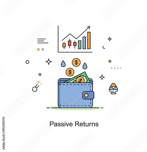 Dividend income idea illustrated by a wallet icon receiving small coin drops from a chart above. Subtle sparkle accents and a gentle ?Passive Returns? caption