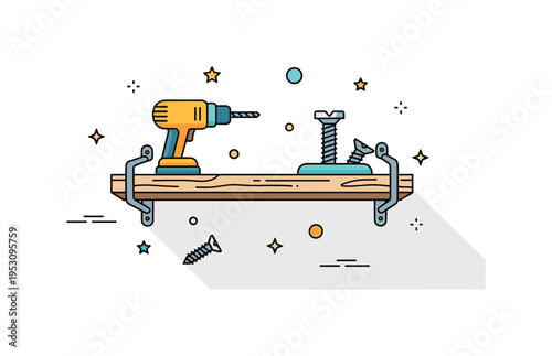Handcrafted wooden shelf concept built around a floating wall shelf with a drill and screws as subtle supporting elements, symbolizing home improvement and
