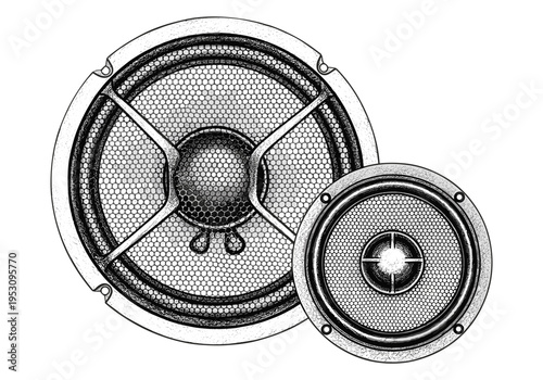 Two audio speaker drivers, one large and one small, rendered in a sketch art style on a white background