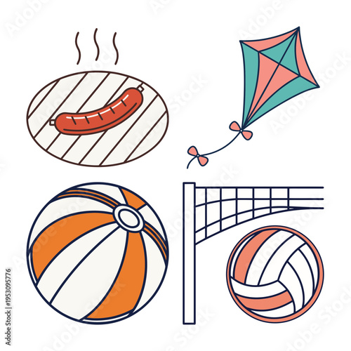 Summer Fun Icons: BBQ, Kite, Beach Ball, and Volleyball - Seasonal Illustration