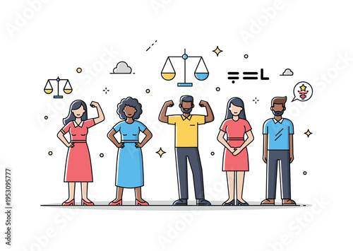 Gender equality and empowerment showing diverse women and men standing together with confident poses and subtle symbolic icons like scales and stars, conveying