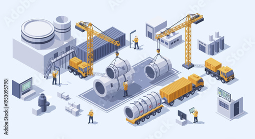 Industrial construction site with heavy machinery and workers.