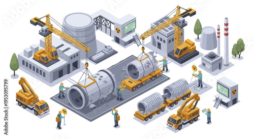 Industrial Construction Site with Workers and Heavy Machinery.