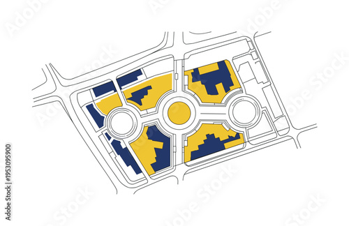 Black and white top view map-style layout of a pedestrian zone, structured grid lines and bold circular plazas connected by linear paths, flat yellow and navy