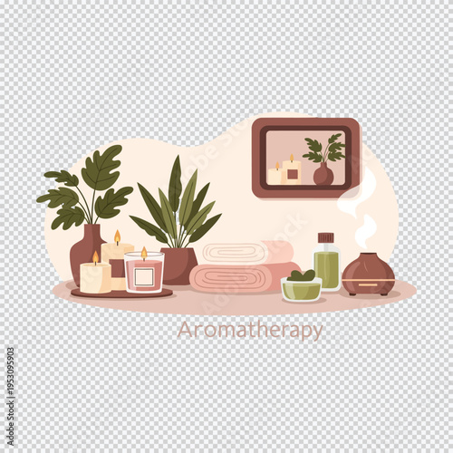 Vector illustration of aromatherapy setup with candles, plants, and towels