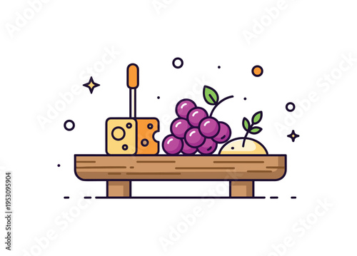 Artisan appetizer board concept showing a small wooden serving tray with cheese cube, grape cluster, and tiny herb sprig, expressing gourmet pairing and