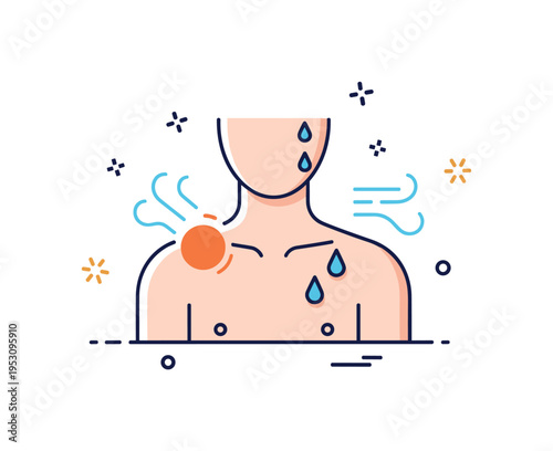 Sweating mechanism highlighted by a simplified upper body figure with small water droplets on the skin and light airflow lines around, expressing heat release