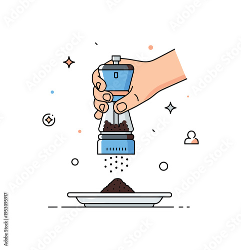 Freshly ground black pepper hand twisting a modern pepper grinder above a simple plate, tiny spice particles falling downward to express aroma and taste. A