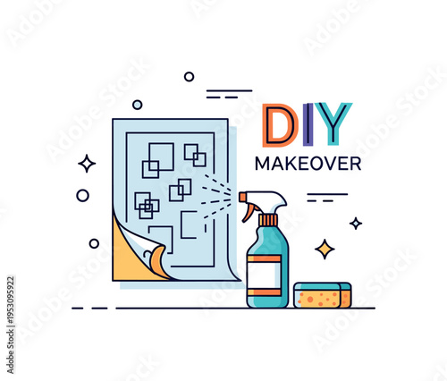 DIY wall makeover concept centered on a peeling wallpaper corner with a small spray bottle and sponge nearby, expressing practical home improvement steps. The
