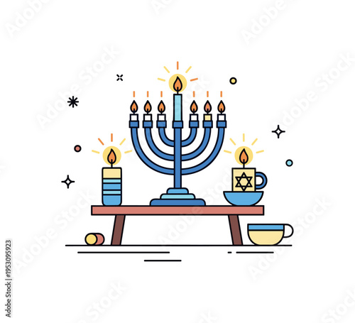 Hanukkah celebration with glowing menorah centered on a small table and gentle candle flames shining warmly, capturing tradition and family gathering in a