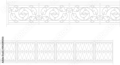Technical architectural elevation drawing showing two decorative fence designs: ornate scrollwork railing and geometric diamond pattern fence panels.