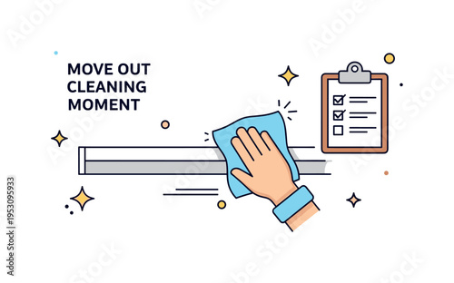 Move out cleaning checklist moment highlighting a hand wiping the lower wall trim before inspection. A minimal clipboard icon and subtle shine accents suggest