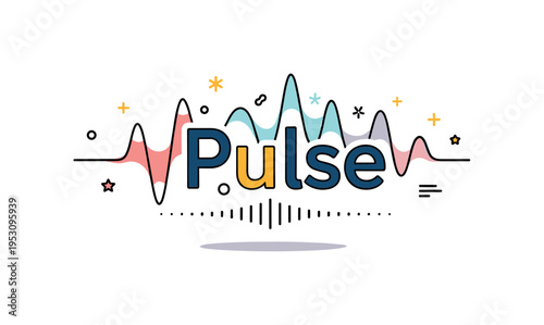 Rhythmic text flow word Pulse arranged in wave like pattern with subtle dotted timing marks beneath. A modern concept badge about synchronization of sound,