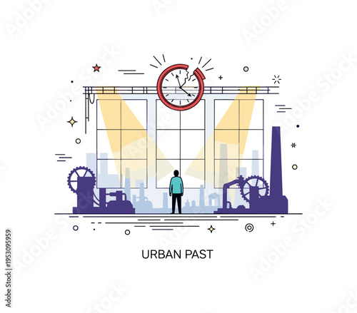 Abandoned factory exploration highlighting a lone figure standing near large empty windows and silent machinery silhouettes. Broken clock detail, light beam