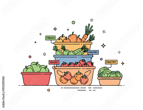 Fruit and vegetable sorting featuring layered baskets separating produce types, with small label tags like Fresh and Pantry to reinforce structured storage.