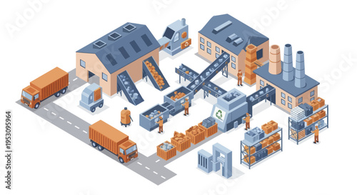 Industrial factory complex with trucks and conveyor belts.