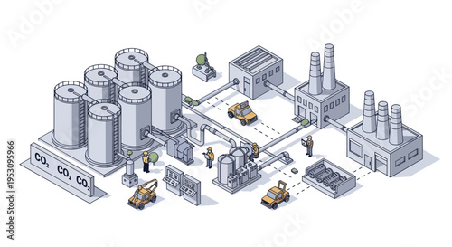 Industrial factory complex with storage tanks and processing units.