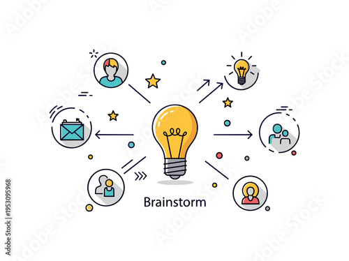 Mind map doodle illustration centered on a lightbulb icon with branching lines connecting small symbolic drawings. Tiny arrow accents and a short ?Brainstorm?