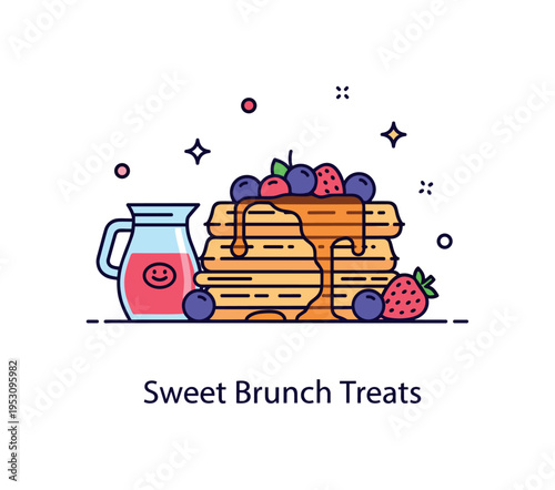 Sweet brunch treats theme depicted by a stack of waffles with syrup and berries, accented by subtle star details to emphasize flavor and delight. The neat