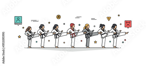Taekwondo training class scene showing a small group of practitioners practicing synchronized kicks, expressing teamwork and coordinated effort. The badge