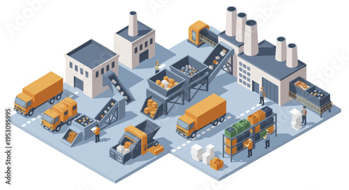 Industrial factory complex with trucks and machinery for production and transport.