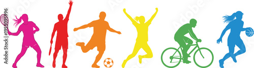 Colorful sports silhouettes collection with athletes playing tennis, badminton, soccer, cycling and basketball, active lifestyle concept isolated on white background