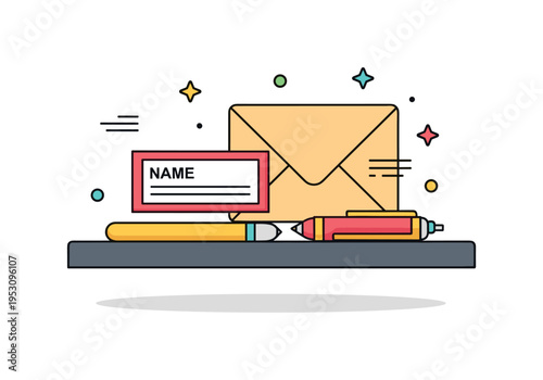 Simple name and address label on a desk next to an envelope, highlighting neat organization, personal correspondence, and everyday usability. Minimalist flat