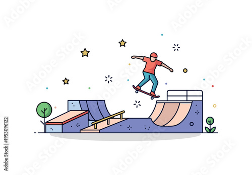 A small skate park scene with ramps, rails, and a skateboarder mid-trick, subtle stars and dots emphasizing playfulness and urban activity. Minimalist flat