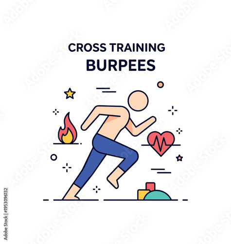 Cross training burpees illustrated by a dynamic figure with a small flame accent and minimal heart rate line icon, expressing metabolic boost and endurance