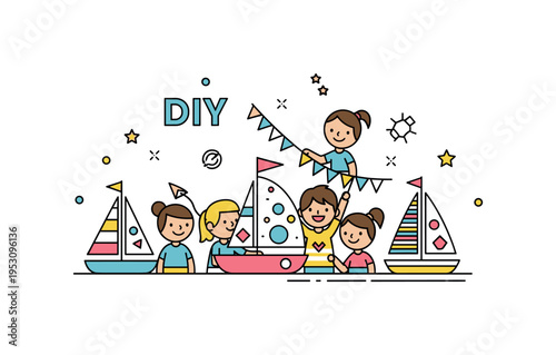 DIY mini sailboat project illustration centered on a small group of kids decorating their toy boats with bright flags and simple patterns, expressing