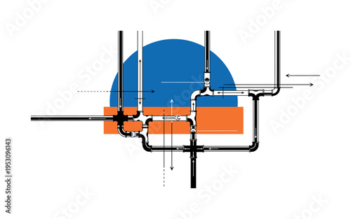 Black and white pipe network forming geometric pattern across composition, bold blue semicircle behind upper area suggesting interior wall backdrop, orange