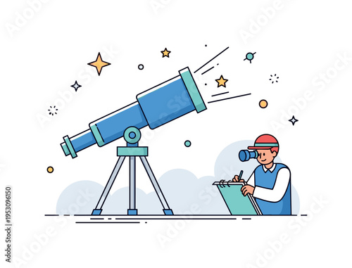 A telescope pointed toward a starry sky with a researcher taking notes nearby, emphasizing exploration, astronomical observation, and scientific contribution.