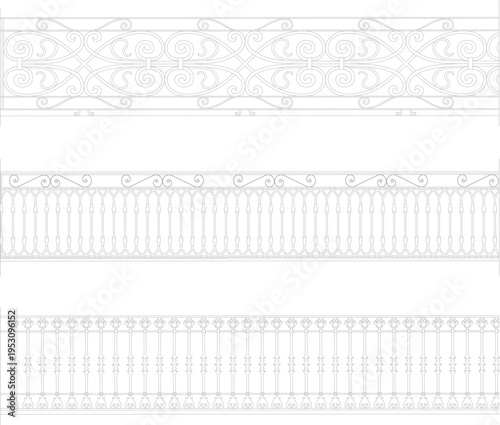 Technical architectural elevation drawing showing three decorative fence or railing designs with ornamental scrollwork, balusters and classical patterns.