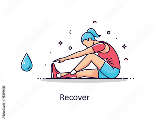 Post workout cooldown stretch highlighting a seated athlete reaching toward extended legs. Subtle sweat drop icon, gentle shadow under the body and a ?Recover?