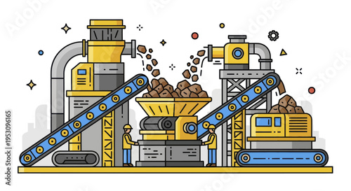 Industrial mining and processing plant with conveyor belts and machinery.