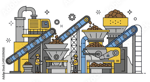 Industrial mining and crushing plant with conveyor belts and workers.